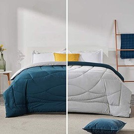 SLEEP ZONE All Season Comforter Down Alternative Soft Temperature Regulation Reversible Duvet, Teal+Silver Gray, Full/Queen