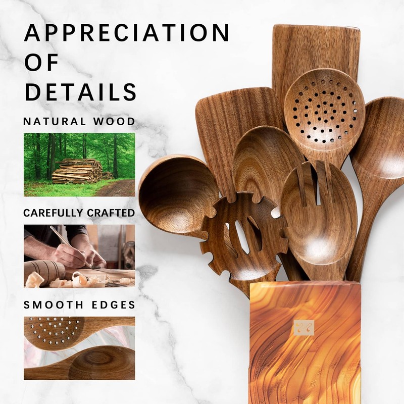 Hefild Wooden Spoons for Cooking, 8-Piece Acacia Wood Cooking Utensil