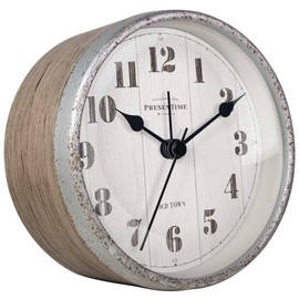 Presentime & Co 4" Farmhouse Tabletop Alarm Mantel Clock, Desk and Shelf Clock, Silent no Ticking, Light Grey Oak and Rusted Galvanized finish. Tabletop Décor, Home Décor, Farmhouse Décor