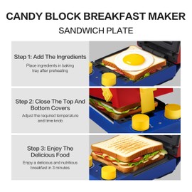 CANDY™ Waffle Maker Panini Press, Grilled Sandwich Maker, 3-in-1 Stainless Steel Mini Toaster, Fast Double Heating, 3 Non-Stick Plates, 5 Adjustable Thickness, Great for Cooking Breakfast or Snacks