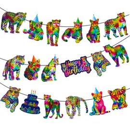 Rainbow Cheetah Birthday Banners Leopard Print Party Decorations 2PCS Neon Cheetah Party Banners Rainbow Leopard Birthday Party Supplies for Safari Animals Decor