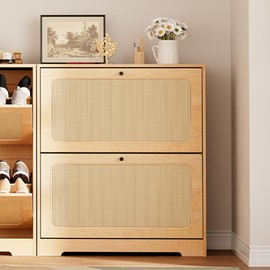 HOMMPA Rattan Shoe Cabinet with 2 Flip Drawers, Hidden Shoe Organizer Cabinet for Entryway, Boho Wooden Shoe Storage Racks w/Rattan Doors, Freestanding Narrow Shoe Rack Cabinet Organizer