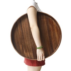 Hodeframe Round Decorative Tray, Extra Large Wooden Serving Tray with Handles, 11.8in Vintage Brown Decorative Trays for Coffee Table,Kitchen Counter,bandejas decorativas