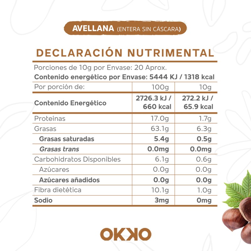 Avellana Entera 100% Natural Sin Cutícula, Calidad Premium 200g OKKO