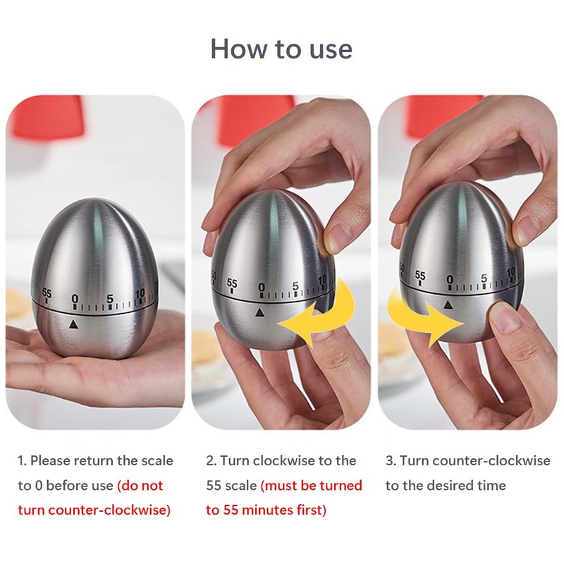 Mobxpar Mechanical Egg Timer, Stainless Steel Kitchen Timer, Egg Shaped