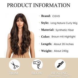 CGVG Brown Wig with Highlight Long Wavy Wig with Fringe Charming Brown Curly Wig for Women Daily Use Date Party Fancy Dress Wig
