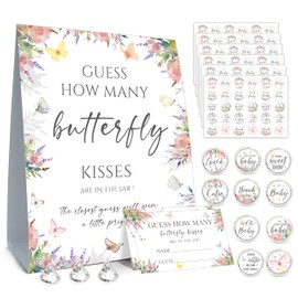 How Many Butterfly Kisses Baby Shower Game Set - Standing Sign, 50 Guessing Cards, 180 Stickers for Kid Showers