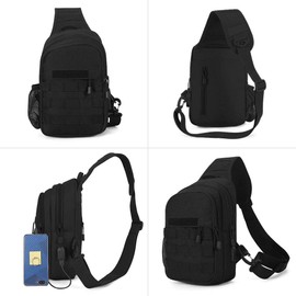 HUNTVP Tactical Chest Bag Molle Chest Sling Pack Backpack with Water Bottle Holder Pouch/USB for Hiking Cycling Gym School Dog Walking Outdoors(Type3-black)