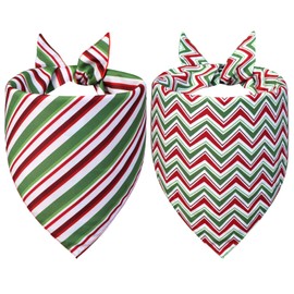 WoffBow Christmas Dog Bandanas 2-Pack for Large X-Large Dogs - Reversible Santa & Stripes Print Scarf, Red & Green Pet Costume Accessory for Holiday Parties