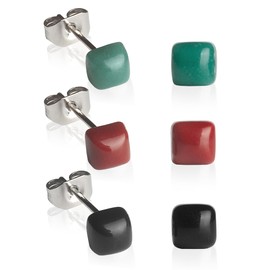 3er Ohrstecker Set für 3 Ohrlöcher • Winzige Ohrstecker mit Steinen in dunkelgrün, rot, schwarz • Ohrringe für 1, 2 & 3 Ohrloch • recyceltes Glas & Edelstahl • 4mm