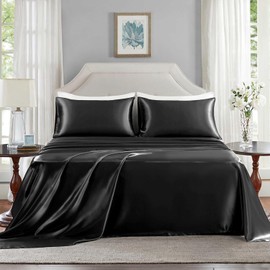 GOLAL Satin Sheets Full Size - 4 Pieces Luxury Silky Soft Bed Sheets, Wrinkle-Free Dark Grey Satin Silk Sheet Set with 1 Deep Pocket Fitted Sheet, 1 Flat Sheet, 2 Pillow Cases