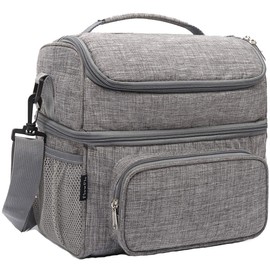FlowFly Insulated Lunch Bag Adult Lunch Box Large Tote Double Layer Cooler for Men, Women, with Adjustable Strap,Front Pocket and Mesh Side Pockets,Grey