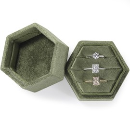 WantGor Velvet Jewelry Ring Box, 3 Slots Hexagon Ring Gift Box Vintage Ring Display Holder Case for Wedding Ceremony Proposal Engagement (Olive Green)