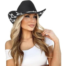 Bling Rhinestone Western Cowgirl Hat for Women Men, Rolled Up Sparkly Star Felt Fedora, Retro Rodeo Panama Cowboy Hat - Color: Black-1 Row Bling Band Decor, Size: Medium-Large