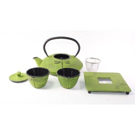 Japanese Antique 27 Fl Oz Green Dragonfly Cast Iron Teapot Tetsubin with Infuser Tea Set with Trivet