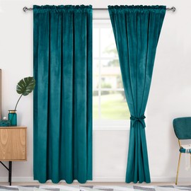 Hiasan Teal Velvet Curtains 84 inches-Blackout Thermal Insulated Solid Soft Curtains for Bedroom Living Room Rod Pocket Room Darkening 2 Panels Window Drapes with Tiebacks, 52W x 84L