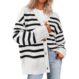 PRETTYGARDEN Women's Long Sleeve Striped Open Front Cardigan Sweaters Button Down Knit Lady Jackets 2024 Fall Outfits (Striped White Black, X-Large)