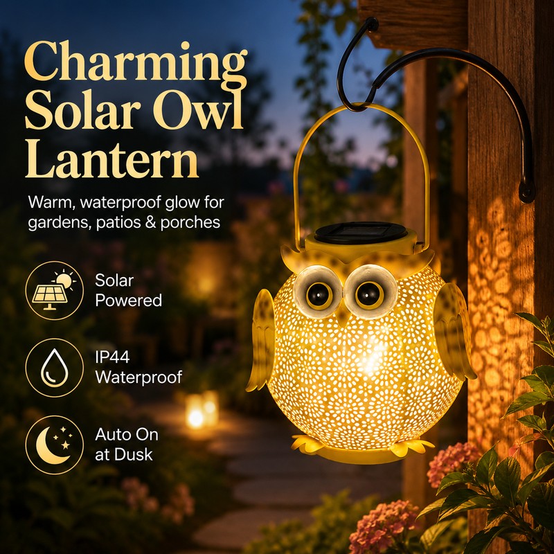 Solar Hanging Owl Lantern – IP44 Waterproof Metal Garden Light