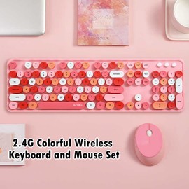 2.4G Full-Size Wireless Keyboard and Mouse Combo, Multi-Color Typewriter Style Round Keycap, Cute Candy Colors, Compatible with Notebook, PC (104 Keys,Pink)
