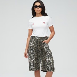 QJK Baggy Y2k Leopard Print Jean Shorts Oversized Jorts Vintage Straight Leg Jean Shorts (Leopard,S,Small)