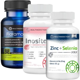 HEALTHADDICTION Balance Femenino Pack – Inositol con Vitaminas y Minerales + Zinc y Selenio + Floramood con Probióticos y Prebióticos – Suplementos Sin Gluten – 3 Fórmulas