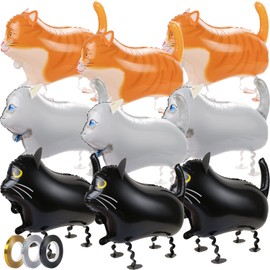 CCOZN 9 Pcs Walking Cat Balloons with 3 Ribbons - Mylar Foil Long Animal Balloons for Cat Theme Birthday Party Decorations