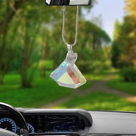 Bling Diamond Car Mirror Hanging Accessories, Crystal Rhinestone Car Interior Rear View Mirror Charm, Lucky Auto Decors, Metal Love Shape Car Ornament Pendant for Women Girls (Colorful)