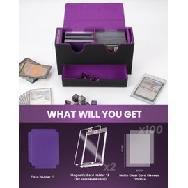 MRAUF MTG Card Deck Box with Double Commander Display and Dice Tray, Fits 200+ Double Sleeved Cards, Card Storage Box Plus 2 Magnetic Card Holders& 100Pcs Card Sleeves (Black& Purple)