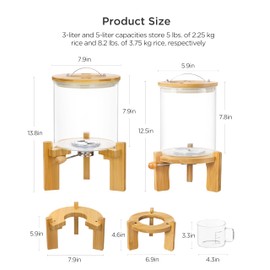 HBlife Glass Rice Dispenser with Wooden Stand Flour and Cereal Container with Glass Measuring Cup Pantry Food Organization Storage Bin with Airtight Bamboo Lid, 3L+5L
