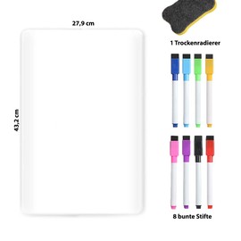 Folmo Whiteboard Film, Whiteboard Surface White 43.2 x 27.9 cm, Whiteboard Film for the Fridge, Wipe Clean Magnetic Board for Organisation, Includes 8 Colour Markers & Sponge