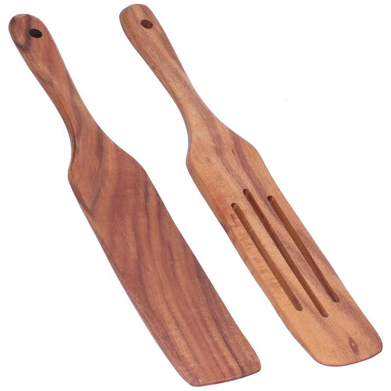 2pcs Slotted Turner Spatula Simple Wooden Spatula with Long Handlefor