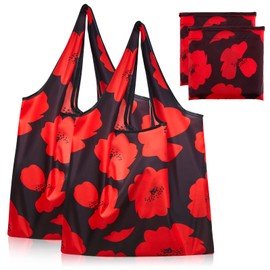 Weewooday 2 Pieces Poppies Folding Shopping Bags Remembrance Day 25.2 x 17.3 Inches Lightweight Foldable Reusable Pouch Bags Water Resistant Tote Groceries Bag for Storage Shopping Daily Use