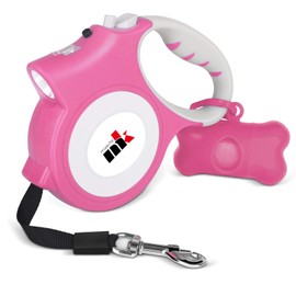 Retractable Dog Leash with LED Light Makife 5m Extendable Dog Lead for Small Medium Puppis up to 25kgs, One-Hand Brake & Lock System, Ergonomic Handle - Pink