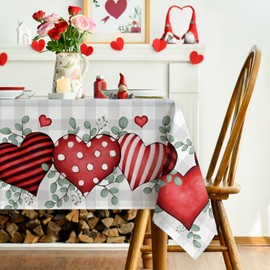 Horaldaily Valentine Tablecloth 60×104 Inch Rectangle, Buffalo Plaid Red Love Hearts Washable Table Cover for Party Picnic Dinner Decor