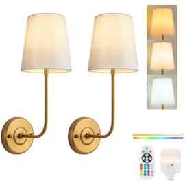 PASSICA DECOR Rechargeable Wall Sconces Set of 2, Battery Operated Wall Sconce Set of Two，Wireless Wall Lights with Dimmable LED Bulbs, 15 Colors and Remote Control, Bedroom, Living Room