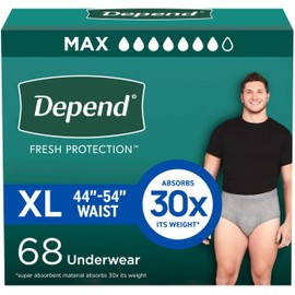Depend Fresh Protection Adult Diapers, Incontinence Underwear for Men, Disposable, Maximum, Extra-Large, Grey, 68 Count (2 Packs of 34), Packaging May Vary