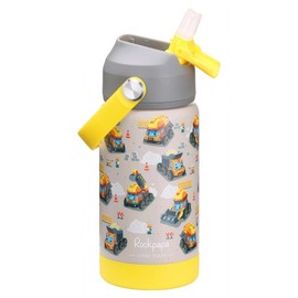 rockpapa 14 oz Kids Insulated Water Bottle，Stainless Steel Toddler Cups with Straws, BPA Free, Leak-Proof, Kids Water Bottle for School Boys& Girls (Grey Constr Trucks)