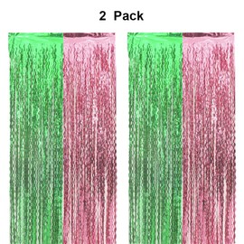 Cyxevous Green Pink Tinsel Curtains, Wavy Foil Fringe Curtain Photo Booth Foil Curtain Backdrop Green Pink Theme Birthday Party Backdrop 2 Pcs 3.2 inch × 6.6 inch