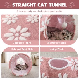 Yaning Straight Cat Tunnel for Indoor Cats 47"x12", Cute Cat Toys Collapsible Tunnel Tube with Balls for Puppy Kitten Rabbit, Pink Flower