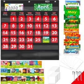 Black Calendar and Weather Pocket Chart with 104 Cards,(72 Illustrated Activity Cards, 32 Dry Erasable Flash Cards and 3 Hooks 20” X 22”)