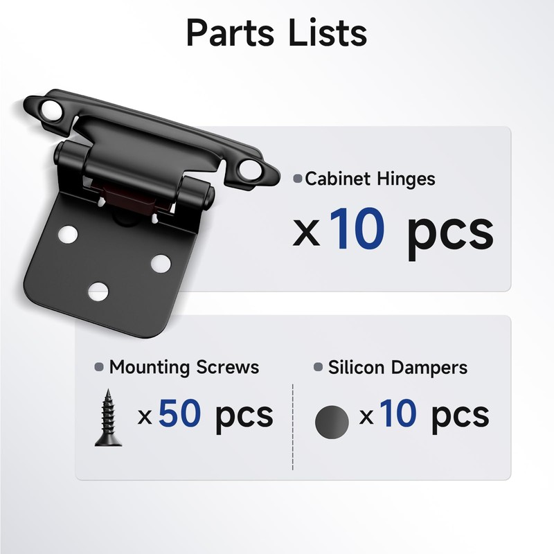 HOSOM 10 Pack 1/2 Inch Overlay Matte Black Cabinet Hinges,