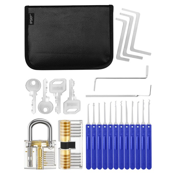 Lock Pick Set, IPSXP 25 Pcs Lock Picking Tools with 2 Pcs Transparent Practice and Training Locks for Lock Picking, with Leather Bag, Extractor Tool for Beginner and Pro Locksmiths (23+2pcs)