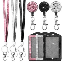 9 in 3 Sets 3 Color Upgraded Rhinestone Lanyard for ID Badges, Bling ID Card Holder Crystal Retractable Badge Reel Neck Lanyard with Metal Clasp and Key Ring, Identification Badges & Supplies