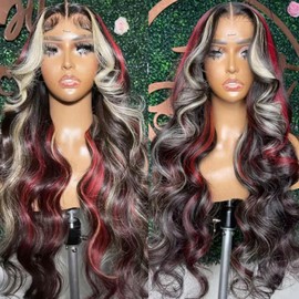 EVLYNN Glueless Black and Red with Blonde Highlight 13x4 HD Lace Front Body Wave Baby Hair Wigs Pre Plucked Skunk Stripe Frontal Wavy Color Naturala Hairline Wig for Women for Daily Cosplay Party Use