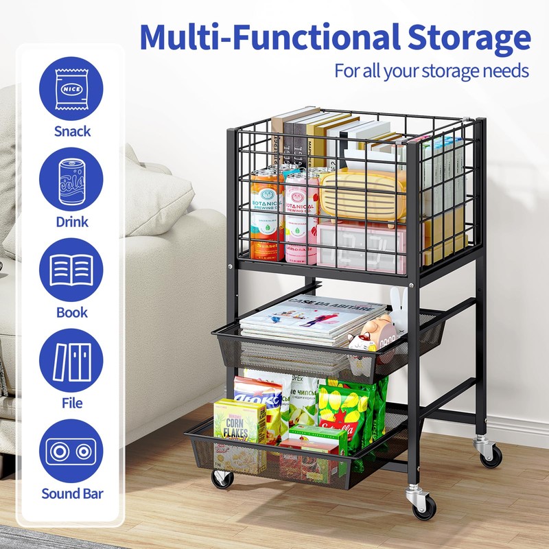 TOOLF 3-Tier Rolling File Cart, Metal Storage Drawer Cart with