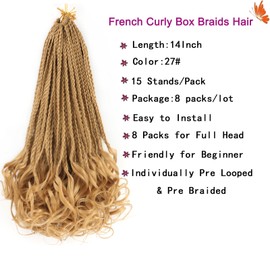 EFFGOCO French Curl Crochet Braids 14 Inch 8 Packs Goddess Box Braids Crochet Hair Honey Blonde Pre Looped French Curl Braiding Hair Crochet Box Braids With Curly Ends for Women (14 Inch,27#)