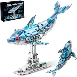 Moving Mechanical Dolphin Building Set - Hand Crank Model Kit with Swimming Tail, Movable Jaw & Glowing Lights | STEM Educational Toy & Unique Desk Decor for Ages 8+, Adults, Blue