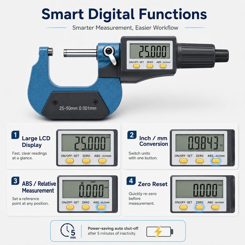 Digital Outside Micrometer, 25-50 mm/1-2 Inch LCD Micrometer