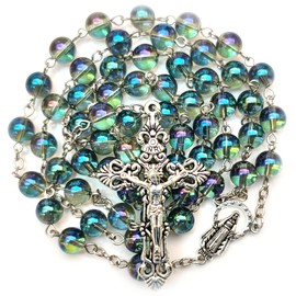 Rosary Beads Chaplet Dazzle Green Artificial Crystal Glass Rosery Cross Catholic gifts (Green)
