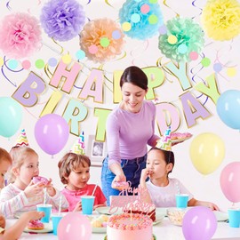 Macaroon Rainbow Pink Blue Birthday Decorations Kit for Girls Including Balloons, Banner, Swirls, Paper Pom, Balloons